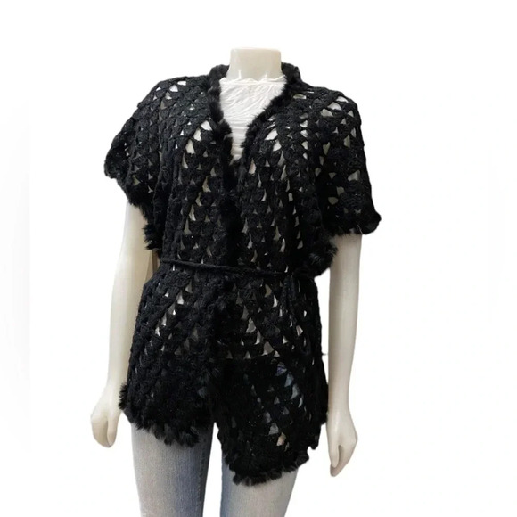 La Cite Rabbit Fur Wool Black Open Short Sleeve Cardigan Size Large - Picture 3 of 11